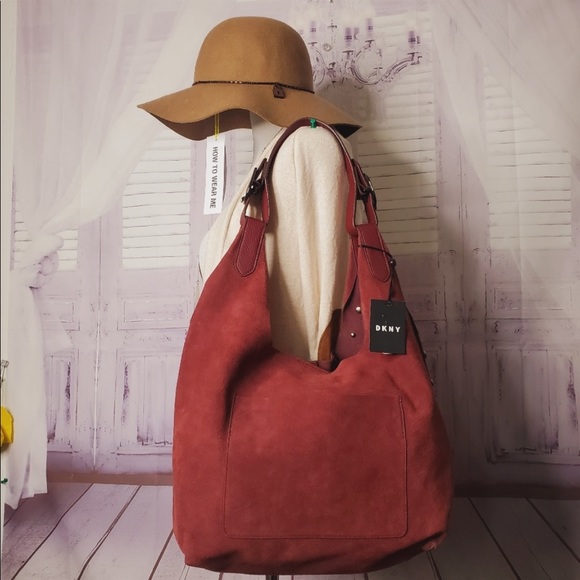 New DKNY burgundy silver studs bag suede purse  new (WOT) - Picture 3 of 5